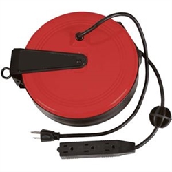 Retractable Electric Cord Reel with three outlets and one touch automatic  rewind 30 feet long for indoor and outdoor use.